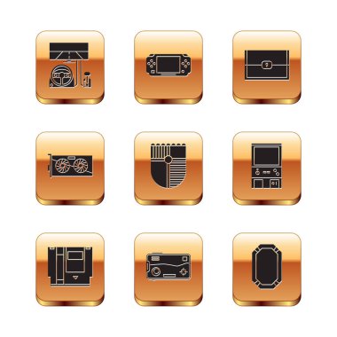 Set Racing simulator cockpit, Cartridge, Mobile and playing game, Shield for, Video graphic card, Chest, Poker table and Portable video console icon. Vector