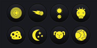 Set Asteroid, Ox zodiac, Moon and stars, Dog, Solstice, Comet falling down fast, Planet Mercury and Astrology horoscope circle icon. Vector