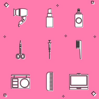 Set Hair dryer, Lipstick, Spray can, Scissors, Syringe, Hairbrush, Eye shadow palette and icon. Vector
