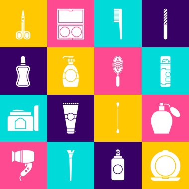 Set Makeup powder with mirror, Perfume, Shaving gel foam, Hairbrush, Bottle of liquid soap, Nail polish bottle, Scissors and icon. Vector