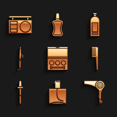 Set Eye shadow palette, Perfume, Hair dryer, Hairbrush, Pipette, Curling iron, Bottle of shampoo and icon. Vector