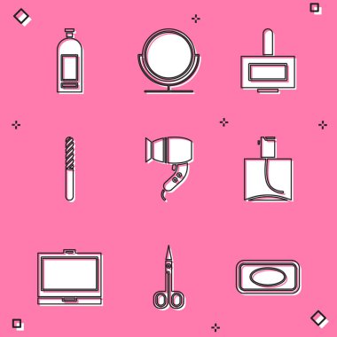 Set Bottle of shampoo, Round makeup mirror, Nail polish bottle, file, Hair dryer, Perfume, Makeup powder with and Scissors icon. Vector