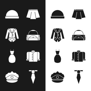 Set Sport bag, Blazer jacket, Beanie hat, Skirt, Woman dress, T-shirt, Tie and Police cap with cockade icon. Vector