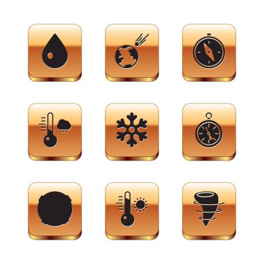 Set Water drop, Moon, Meteorology thermometer, Snowflake, Compass, Tornado and Comet falling down fast icon. Vector