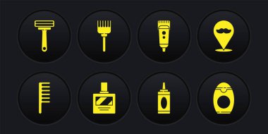 Set Hairbrush, Barbershop, Aftershave, Bottle of shampoo, Electrical hair clipper or shaver, and Shaving razor icon. Vector