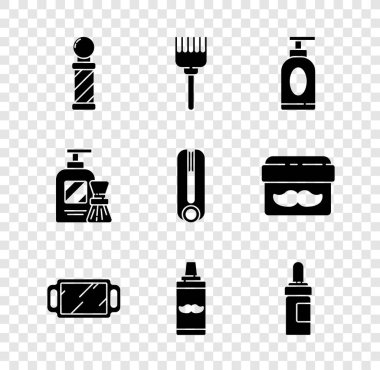 Set Classic Barber shop pole, Hairbrush, Cream or lotion cosmetic tube, Hand mirror, Shaving gel foam, Beard mustaches care oil bottle, and Curling iron for hair icon. Vector