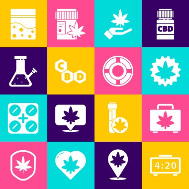 Set Digital alarm clock, Shopping box of marijuana, Marijuana or cannabis leaf, Cannabis molecule, Glass bong for smoking, Plastic bag and Ashtray icon. Vector