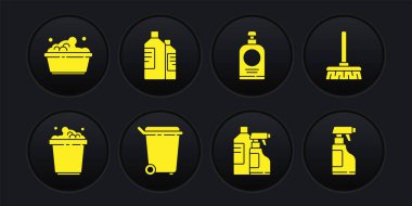 Set Bucket with soap suds, Handle broom, Trash can, Bottles for cleaning agent, sanitizer bottle, Spray detergent liquid and Plastic basin icon. Vector