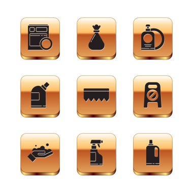 Set Kitchen dishwasher machine, Washing hands with soap, Spray bottle detergent liquid, Sponge bubbles, Bottles for cleaning agent, Dishwashing plate, Fabric softener and Garbage bag icon. Vector