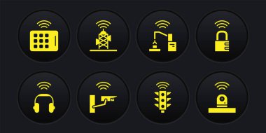 Set Smart headphones, safe combination lock, security camera, traffic light, Robotic robot arm hand factory, Wireless antenna, and tablet icon. Vector