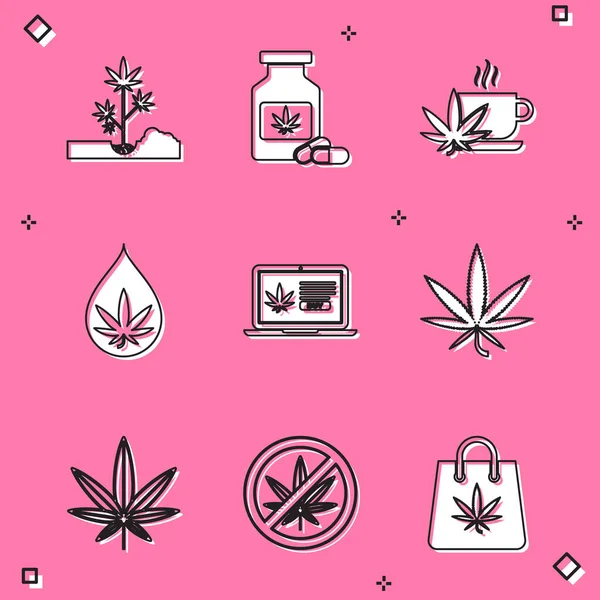 Set Planting marijuana, Medical bottle with, Cup tea, Marijuana or cannabis leaf oil, Online buying, and Stop icon. Vector — Stockvector