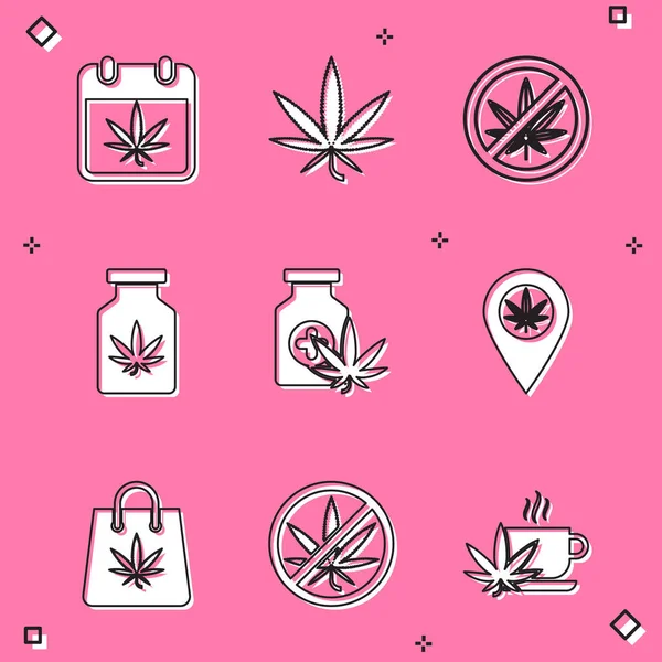 Set Calendar and marijuana, Marijuana or cannabis leaf, Stop, Medical bottle with, Location, Shopping bag of and icon. Vector — Stockvector