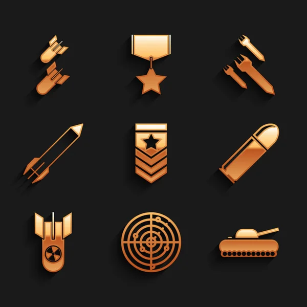Set Chevron, Radar with targets, Military tank, Bullet, Nuclear bomb, Rocket, and Aviation icon. Vector — Image vectorielle
