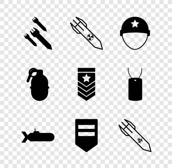 Conjunto de cohetes, cohetes nucleares, casco militar, submarino, Chevron, peligro biológico, granada de mano y el icono. Vector — Archivo Imágenes Vectoriales