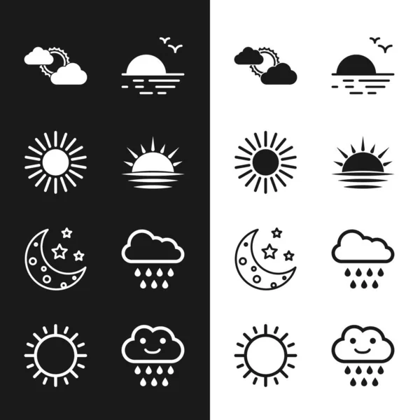 Set Sunset, and cloud weather, Moon stars, Cloud with rain, and icon. Vector — Stok Vektör