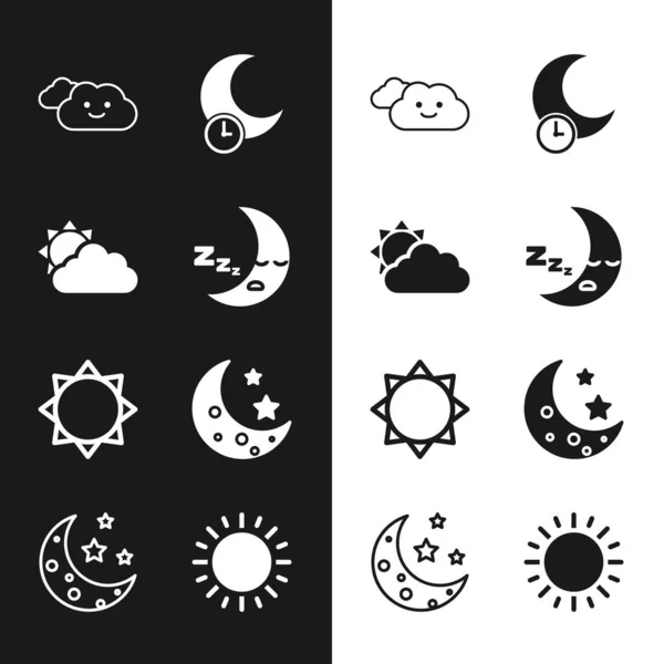 Set Moon icon, Sun and cloud weather, Cloud, Sleeping moon, stars, and icon. Vector — Stock Vector