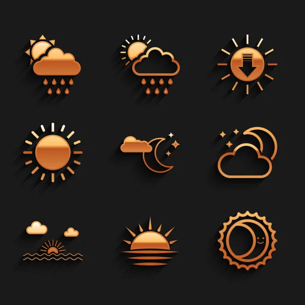 Set Cloud with moon and stars, Sunset, Eclipse of the sun, and rain icon. Vector — Stock Vector