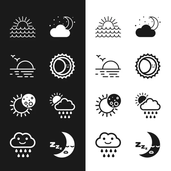 Set Eclipse of the sun, Sunset, Cloud with moon and stars, rain, Moon icon and icon. Vector — Image vectorielle