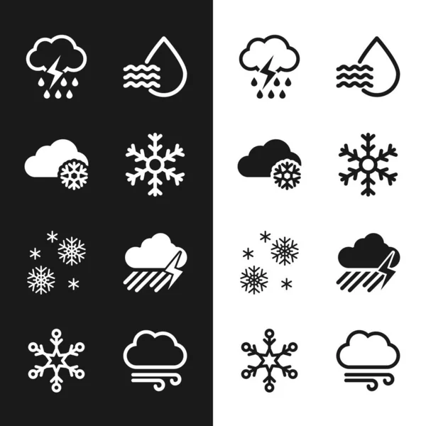 Set Snowflake, Cloud with snow, rain and lightning, Water drop percentage, and icon. Vector — Image vectorielle