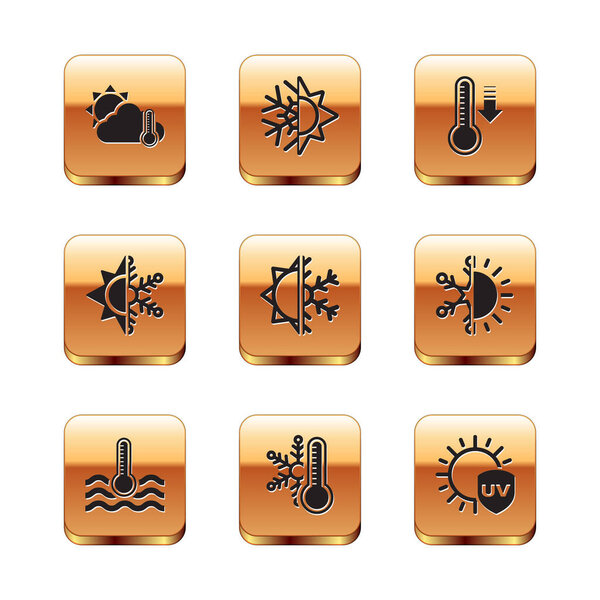 Set Thermometer and cloud, sun, Water thermometer, with snowflake, Sun, Meteorology, UV protection and icon. Vector