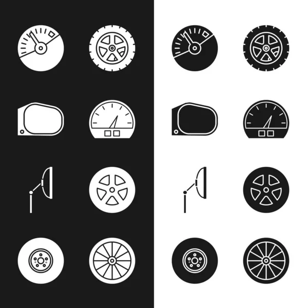 Set Speedometer, Car mirror, wheel, Windscreen wiper, and brake disk icon. Vector — Stock Vector