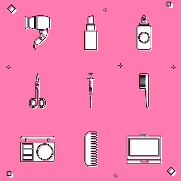 Set Hair dryer, Lipstick, Spray can, Scissors, Syringe, Hairbrush, Eye shadow palette and icon. Vector — стоковый вектор