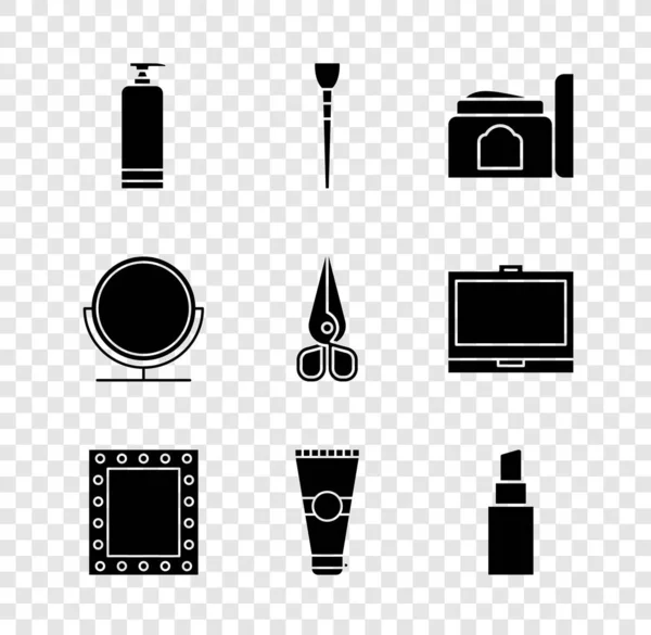 Set Cream cosmetic tube, Makeup brush, mirror with lights, Lotion, Lipstick, Round makeup and Scissors icon. Vector — стоковий вектор