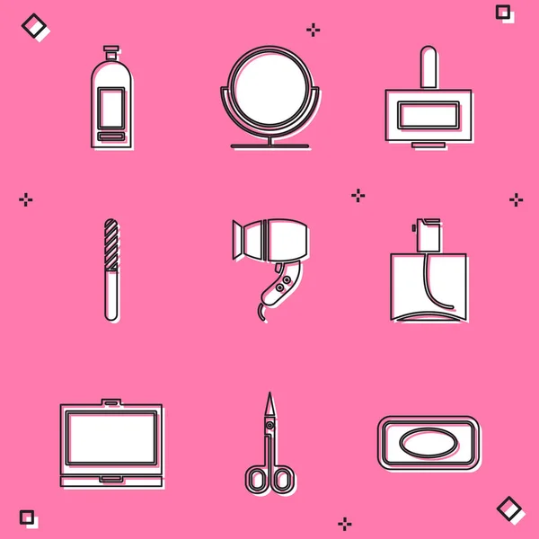 Set Bottle of shampoo, Round makeup mirror, Nail polish bottle, file, Hair dryer, Perfume, Makeup powder with and Scissors icon. Vector — стоковый вектор