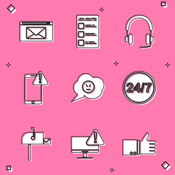 Set Mail and e-mail, Create account screen on mobile, Headphones, Mobile with exclamation mark, Speech bubble angry smile, Clock 24 hours, Open box and Monitor icon. Vector — Stock Vector