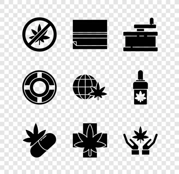 Set Stop μαριχουάνα ή φύλλα κάνναβης, Τροχαίο χαρτί, χειροκίνητο μύλο, Ιατρικά χάπια με, μαριχουάνα, τασάκι και Legalize εικονίδιο υδρόγειο. Διάνυσμα — Διανυσματικό Αρχείο