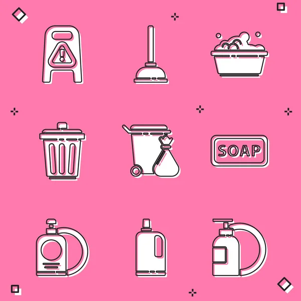 Set Wet floor and cleaning in progress, Rubber plunger, Plastic basin with soap suds, Trash can, garbage bag, Bar of, Dishwashing liquid bottle plate and Fabric softener icon. Vector — Image vectorielle