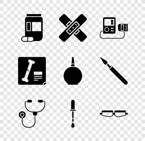 Set Medicine bottle and pills, Crossed bandage plaster, Blood pressure, Stethoscope, Pipette, Safety goggle glasses, X-ray shots and Enema icon. Vector — Stockový vektor