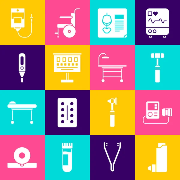 Set Inhaler, Blood pressure, Neurology reflex hammer, X-ray shots, Eye test chart, Medical digital thermometer, IV bag and Operating table icon. Vector — 스톡 벡터