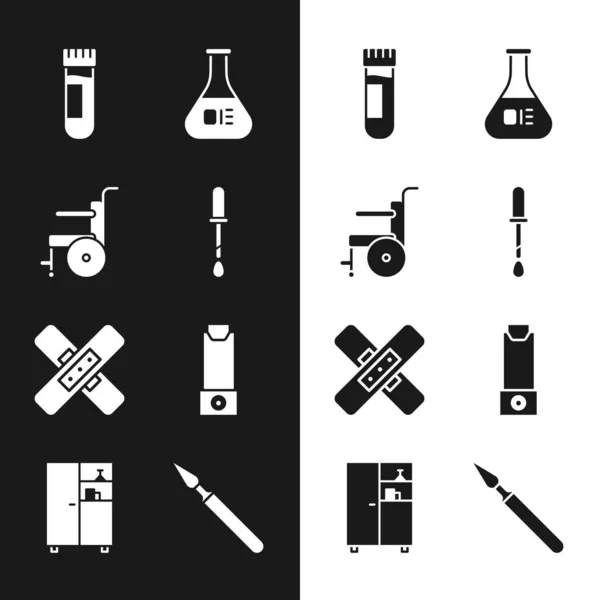 Set Pipette, Wheelchair for disabled person, Test tube with blood, and flask, Crossed bandage plaster, Inhaler, Medical surgery scalpel and Medicine cabinet icon. Vector — Stok Vektör