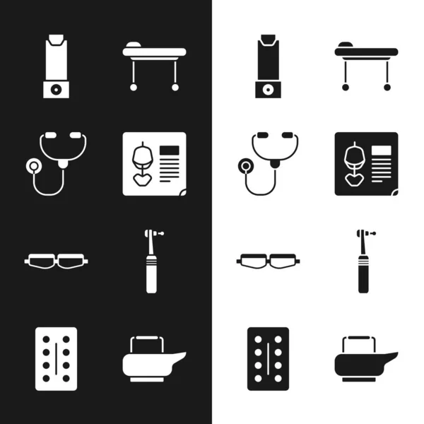 Set X-ray shots, Stethoscope, Inhaler, Stretcher, Safety goggle glasses, Tooth drill, Bedpan and Pills in blister pack icon. Vector — Stockvector