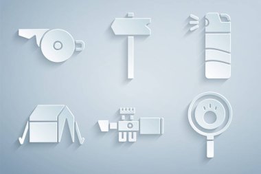 Set Sniper optical sight, Pepper spray, Tourist tent, Paw search, Road traffic sign and Whistle icon. Vector