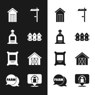 Set Garden fence wooden, Full sack, Wooden outdoor toilet, Scythe, Fertilizer bag, Farm house, Location farm and Speech bubble with icon. Vector