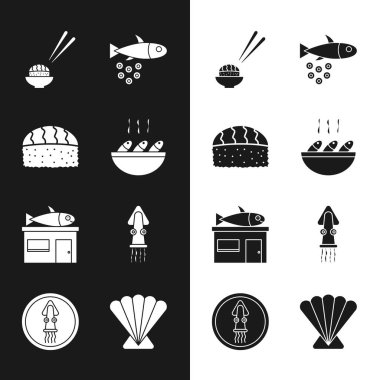 Set Fish soup, Sushi, with caviar, Seafood store, Octopus, Scallop sea shell and on plate icon. Vector