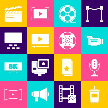 Set Paper glass with water, Microphone, Cinema camera, Film reel, Online play video, auditorium seats, Movie clapper and icon. Vector