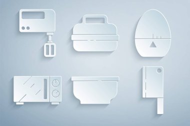 Set Bowl, Kitchen timer, Microwave oven, Meat chopper, Cooking pot and Electric mixer icon. Vector