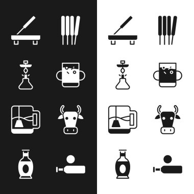 Set Cup of tea and leaf, Hookah, Scented spa stick, Aroma sticks, incense, with bag, Cow, Wood cricket bat ball and Indian vase icon. Vector