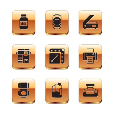 Set Printer ink bottle, Carton cardboard box, Paper size, Copy machine, Scanner, Ink and Paint bucket icon. Vector