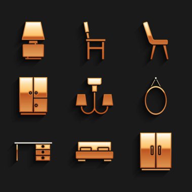 Set Chandelier, Big bed, Wardrobe, Mirror, Office desk, Armchair and Table lamp icon. Vector