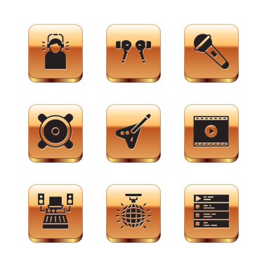 Set Man in headphones, Music recording studio, Disco ball, Electric bass guitar, Stereo speaker, Microphone, playlist and Air icon. Vector