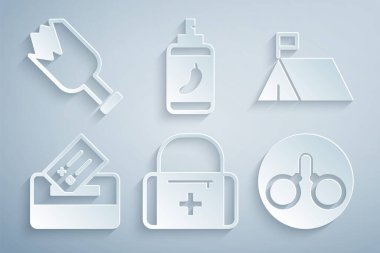 Set First aid kit, Protest camp, Vote box, Handcuffs, Pepper spray and Broken bottle as weapon icon. Vector