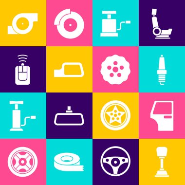 Set Gear shifter, Car door, spark plug, air pump, mirror, key with remote, Automotive turbocharger and icon. Vector