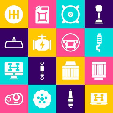 Set Diagnostics condition of car, Car air filter, muffler, audio speaker, Check engine, mirror, Gear shifter and Steering wheel icon. Vector