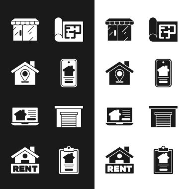 Set Online real estate house, Location with, Market store, House plan, Garage, contract and Hanging sign Rent icon. Vector