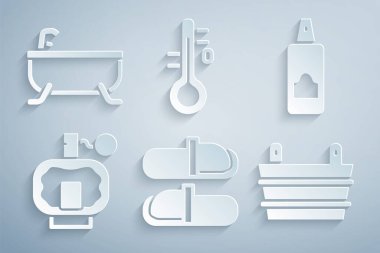 Set Sauna slippers, Spray can for hairspray, Aftershave, bucket, thermometer and Bathtub icon. Vector