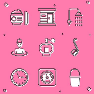 Set Cream or lotion cosmetic tube, Sauna wooden bathhouse, Shower, Man in the sauna, Aftershave, ladle, clock and thermometer icon. Vector